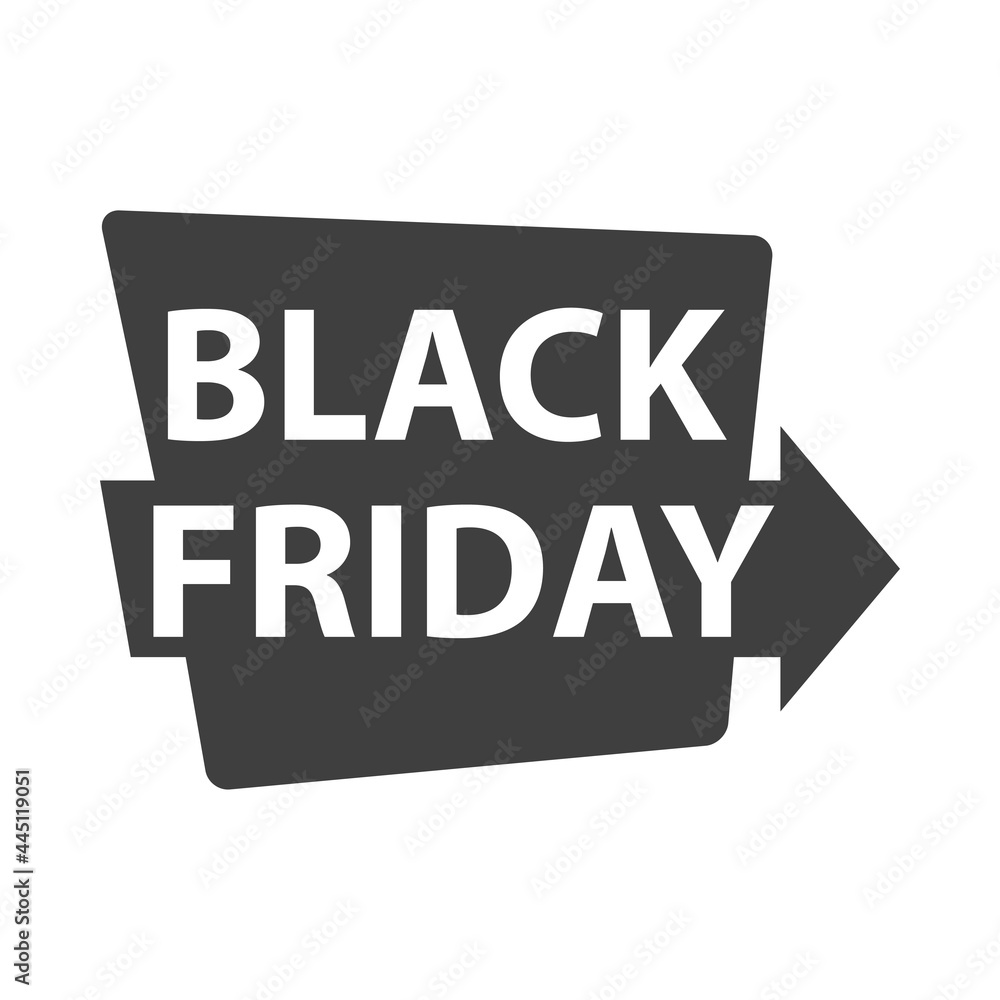 Banner con logotipo con texto Black Friday en etiqueta con flecha en color gris Banner con logotipo con texto Black Friday en etiqueta con flecha en color gris