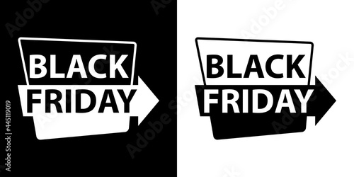 Banner con logotipo con texto Black Friday en etiqueta con flecha en fondo blanco y fondo negro