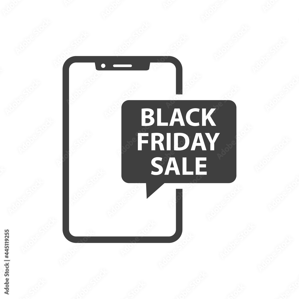 Logotipo con texto Black Friday Sale en burbuja de habla en smartphone en color gris Logotipo con texto Black Friday Sale en burbuja de habla en smartphone en color gris