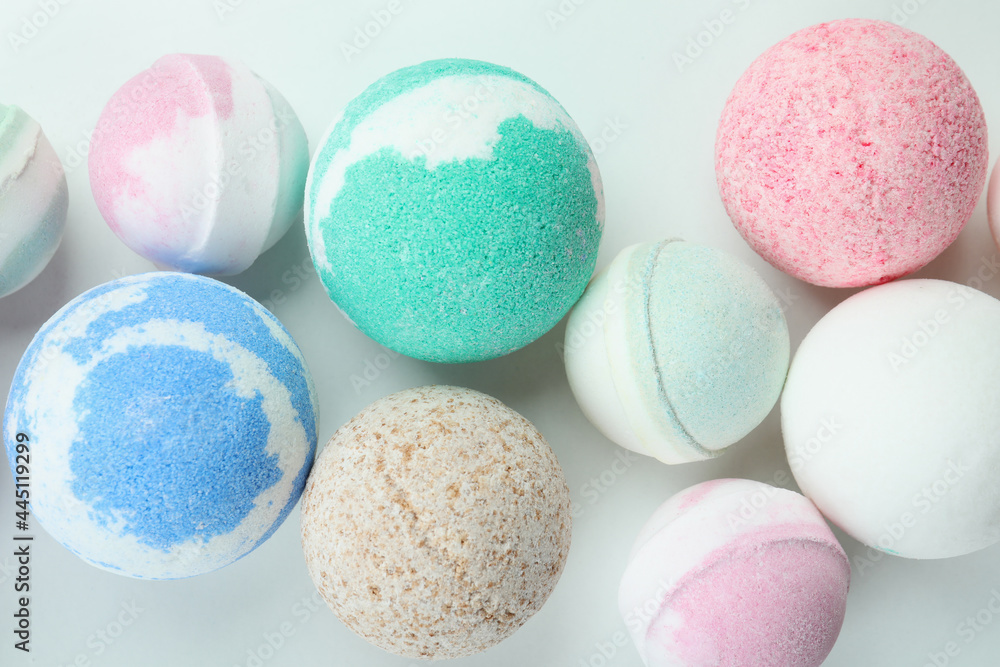 Different bath balls on white background, top view Different bath balls on white background, top view