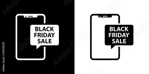 Logotipo con texto Black Friday Sale en burbuja de habla en smartphone en fondo blanco y fondo negro