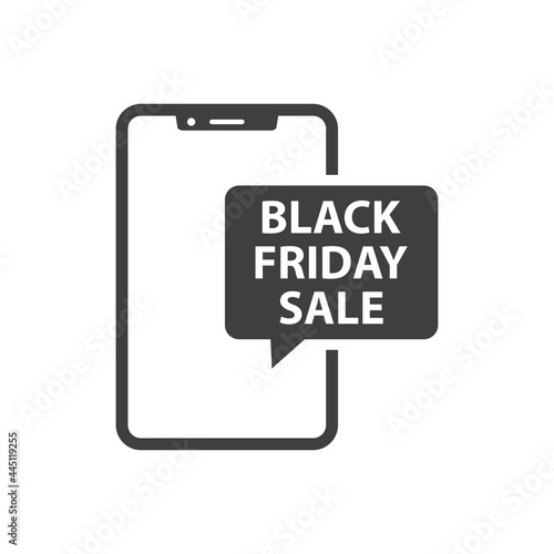 Logotipo con texto Black Friday Sale en burbuja de habla en smartphone en color gris