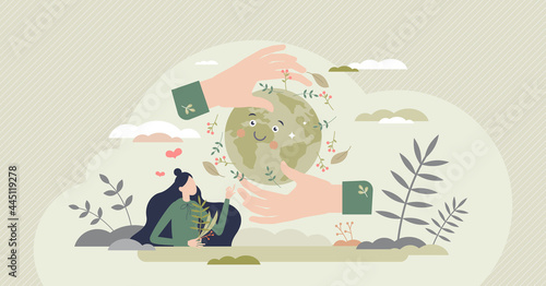 Save the planet and earth with environmental lifestyle tiny person concept. Responsible resource consumption, alternative energy and forestation to reduce climate change impact vector illustration.