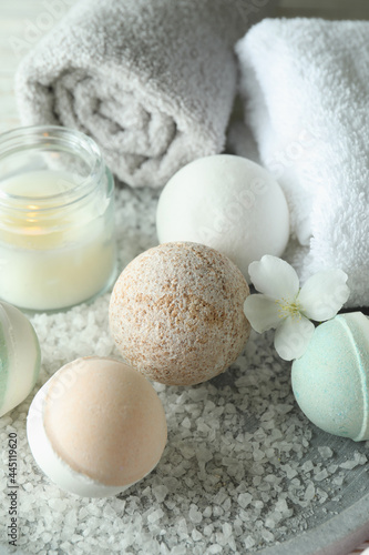 Body care concept with bath balls, close up