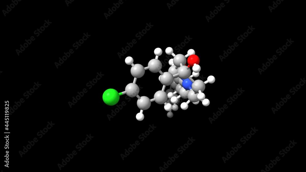 Animated ball-and-stick and spacefill models of antipsychotic drug haloperidol, black background Animated ball-and-stick and spacefill models of antipsychotic drug haloperidol, black background