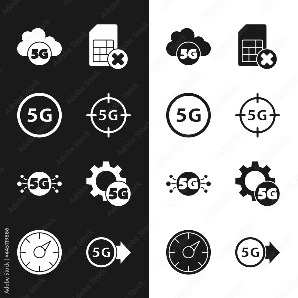 Set 5G network, Cloud, Sim card rejected, Setting, and Digital speed meter icon. Vector Set 5G network, Cloud, Sim card rejected, Setting, and Digital speed meter icon. Vector