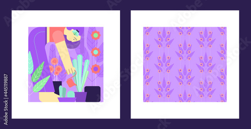 The girl looks after flowers while isolated. The concept of dedicating time to yourself during a pandemic. Growing a garden in the apartment. Colored flat vector illustration.