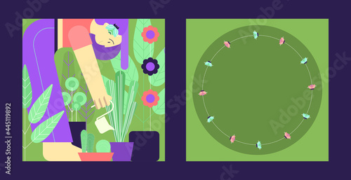The girl looks after flowers while isolated. The concept of dedicating time to yourself during a pandemic. Growing a garden in the apartment. Colored flat vector illustration.