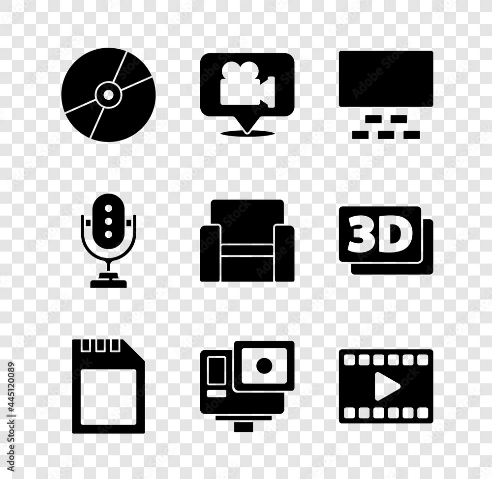 Set CD or DVD disk, Camera and location, Cinema auditorium with seats, SD card, Action extreme camera, Play Video, Microphone and chair icon. Vector