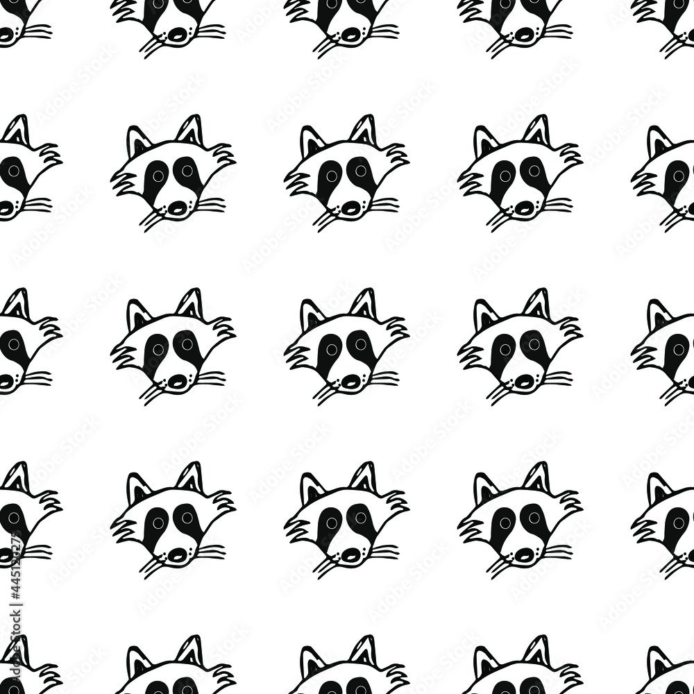 Obraz premium Seamless vector pattern with raccoons. Doodle vector with raccoons on white background. Vintage pattern with raccoons icons, sweet elements background for your project 