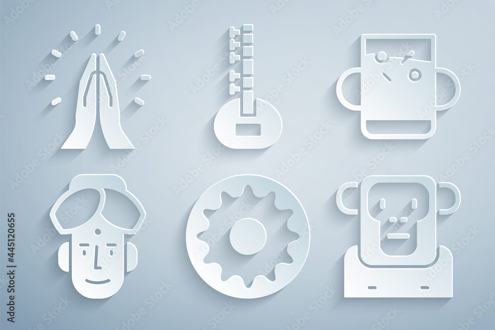 Set Chakra, Cup of tea and leaf, Indian man, Monkey, Sitar and Hands in praying position icon. Vector Set Chakra, Cup of tea and leaf, Indian man, Monkey, Sitar and Hands in praying position icon. Vector