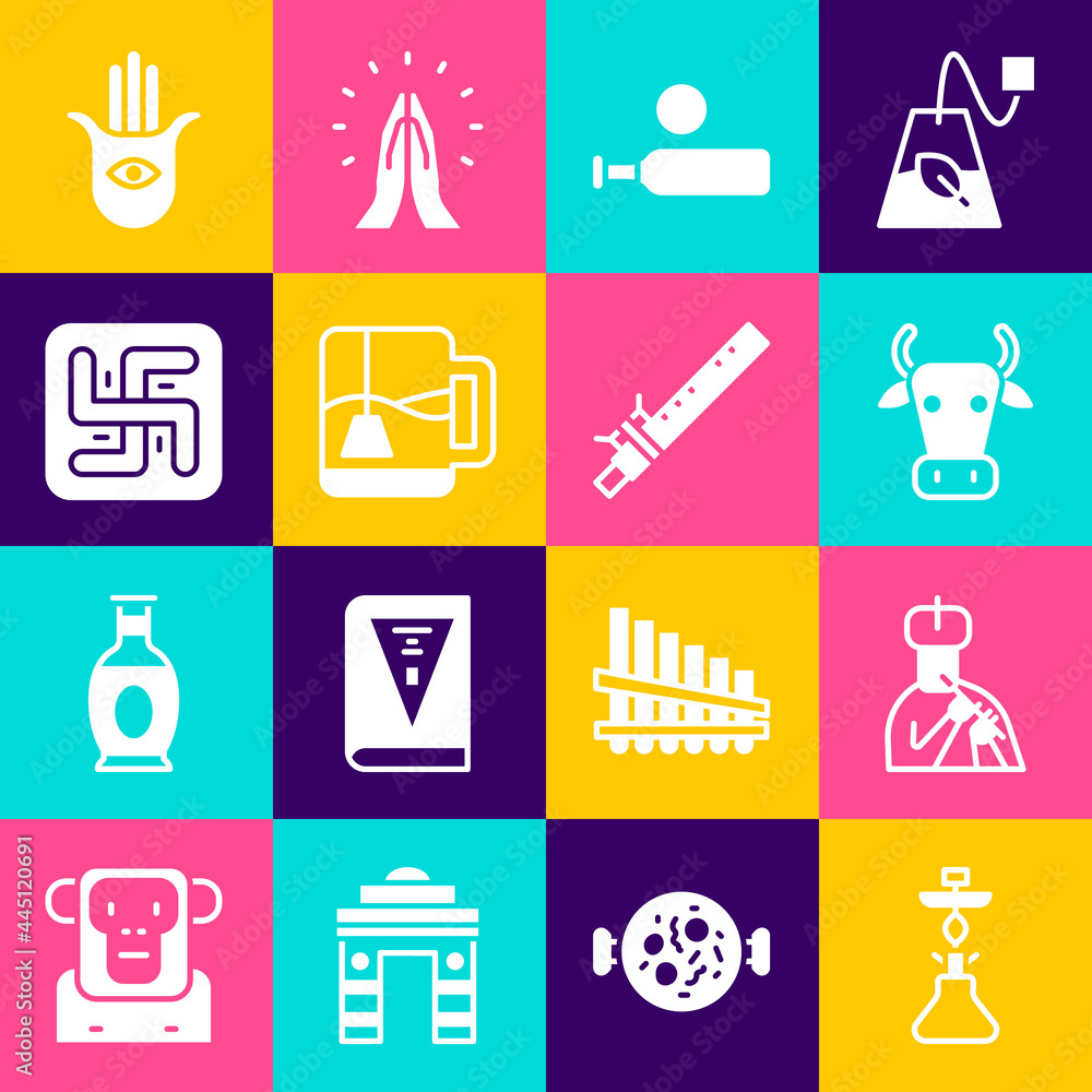 Set Hookah, Indian man plays flute, Cow, Wood cricket bat and ball, Cup of tea with tea bag, Hindu swastika, Hamsa hand and Bamboo indian icon. Vector Set Hookah, Indian man plays flute, Cow, Wood cricket bat and ball, Cup of tea with tea bag, Hindu swastika, Hamsa hand and Bamboo indian icon. Vector