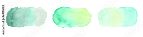 Green Background Watercolor brushstroke bubble splotch painting, hand drawn and painted, collection set of 3, isolated on white
