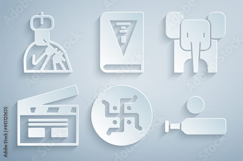 Set Hindu swastika, Elephant, Bollywood indian cinema, Wood cricket bat and ball, India constitution day and Indian man plays flute icon. Vector