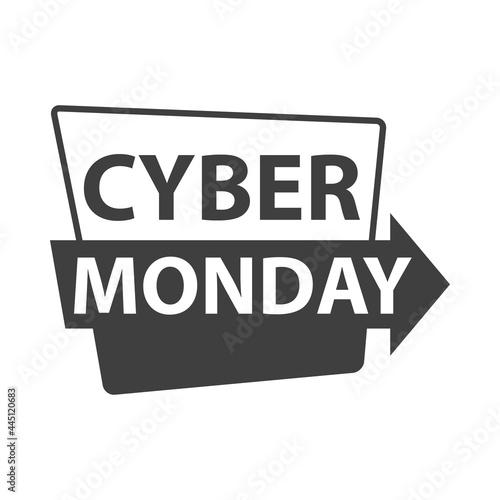Banner con logotipo con texto Cyber Monday en etiqueta con flecha en color gris