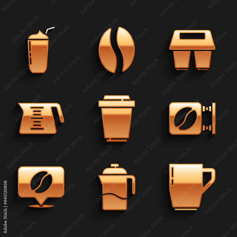 Set Coffee cup to go, French press, Street signboard coffee, Location with bean, pot, and Milkshake icon. Vector Set Coffee cup to go, French press, Street signboard coffee, Location with bean, pot, and Milkshake icon. Vector