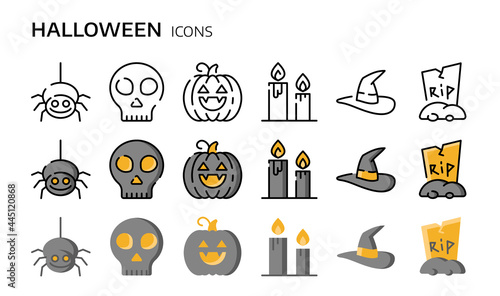 Halloween icon set. Holiday illustration. Vector symbols in linear and flat style.