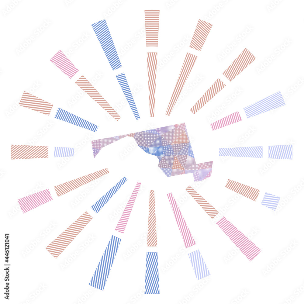 Maryland sunburst with low poly striped rays and a map of the US state. Neat vector illustration. Maryland sunburst with low poly striped rays and a map of the US state. Neat vector illustration.