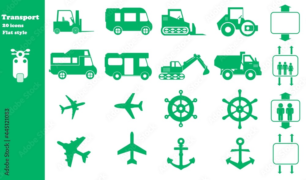 Transports routiers, aériens et maritimes en 20 icônes vertes, collection Transports routiers, aériens et maritimes en 20 icônes vertes, collection