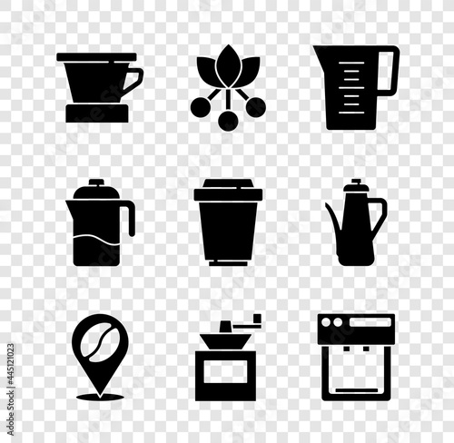 Set V60 coffee maker, Coffee bean, branch, Jug glass with water, Location, Manual grinder, machine, French press and cup to go icon. Vector