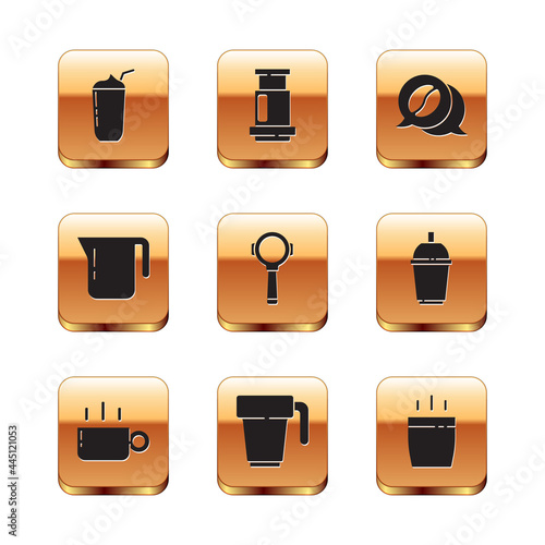 Set Milkshake, Coffee cup, filter holder, pot, and conversation, and Aeropress coffee icon. Vector