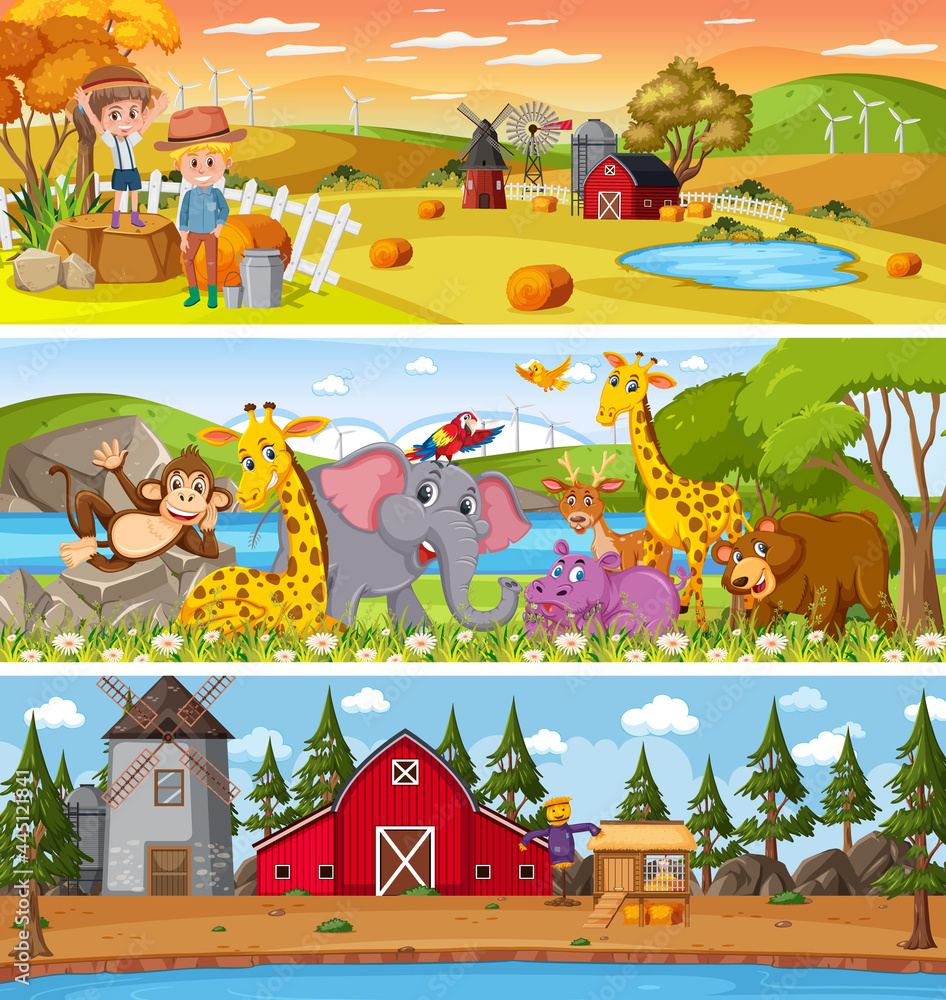 Set of different nature landscape at daytime scene with cartoon character Set of different nature landscape at daytime scene with cartoon character
