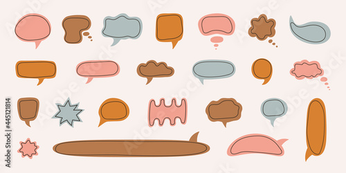 Hand drawn set of colorful  empty speech bubbles isolated on pastel background. Modern flat design. Vector illustration