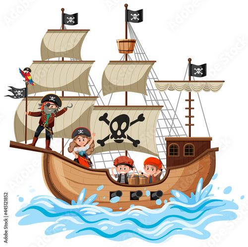 Pirate ship on ocean wave with many kids isolated on white background