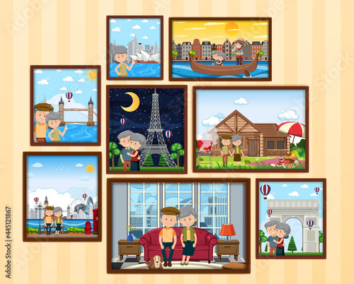 Older couple on vacation photo frames hanging on the wall