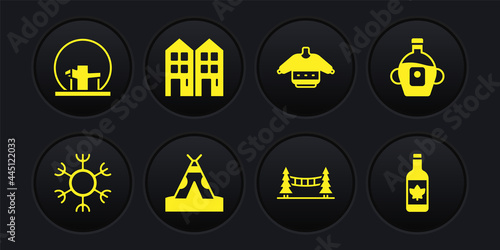 Set Snowflake, Maple syrup, Indian teepee or wigwam, Capilano Suspension Bridge, Christmas sweater, House, Beer bottle and Montreal Biosphere icon. Vector