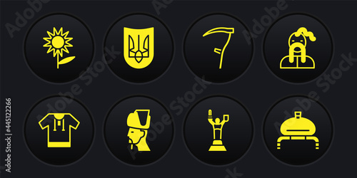 Set Embroidered shirt, Ukrainian cossack, Mother Motherland monument, Scythe, trident, Bread salt and Sunflower icon. Vector
