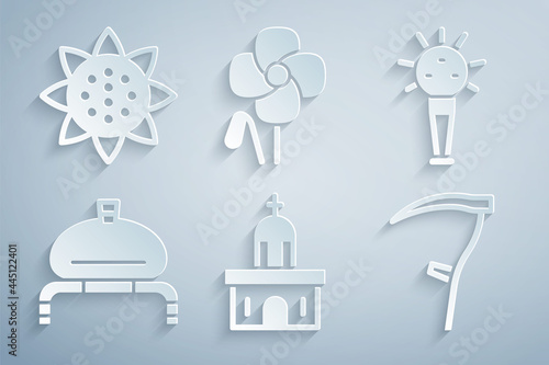 Set Church building, Mace, Bread and salt, Scythe, Poppy flower and Sunflower icon. Vector