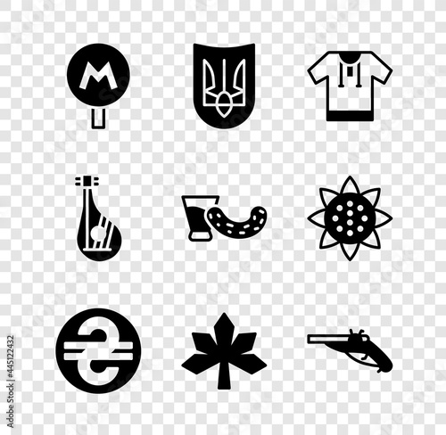 Set Metro or Underground, Ukrainian trident, Embroidered shirt, hryvnia, Chestnut leaf, Vintage pistols, Bandura and Glass with vodka icon. Vector