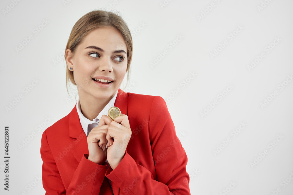 woman in red jacket cryptocurrency finance e-commerce technology woman in red jacket cryptocurrency finance e-commerce technology