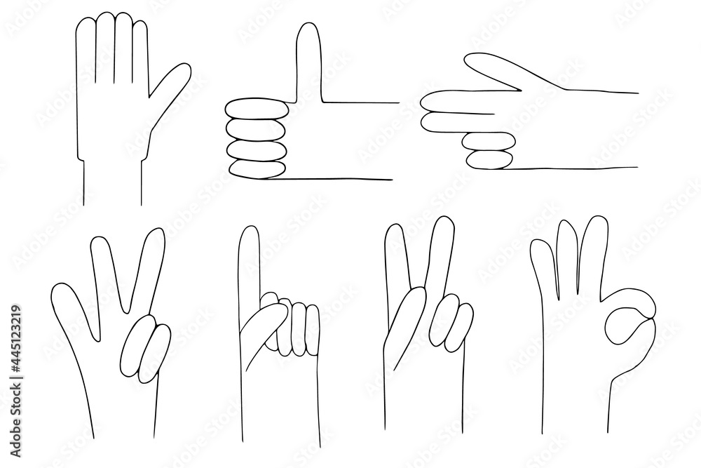 Fototapeta premium A set of hand gestures. Palm outline with fingers. Sketch vector illustration