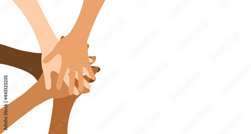 Blank template for banner variety of hands of different skin tone. United community. Vector illustration. Flat vector illustration.