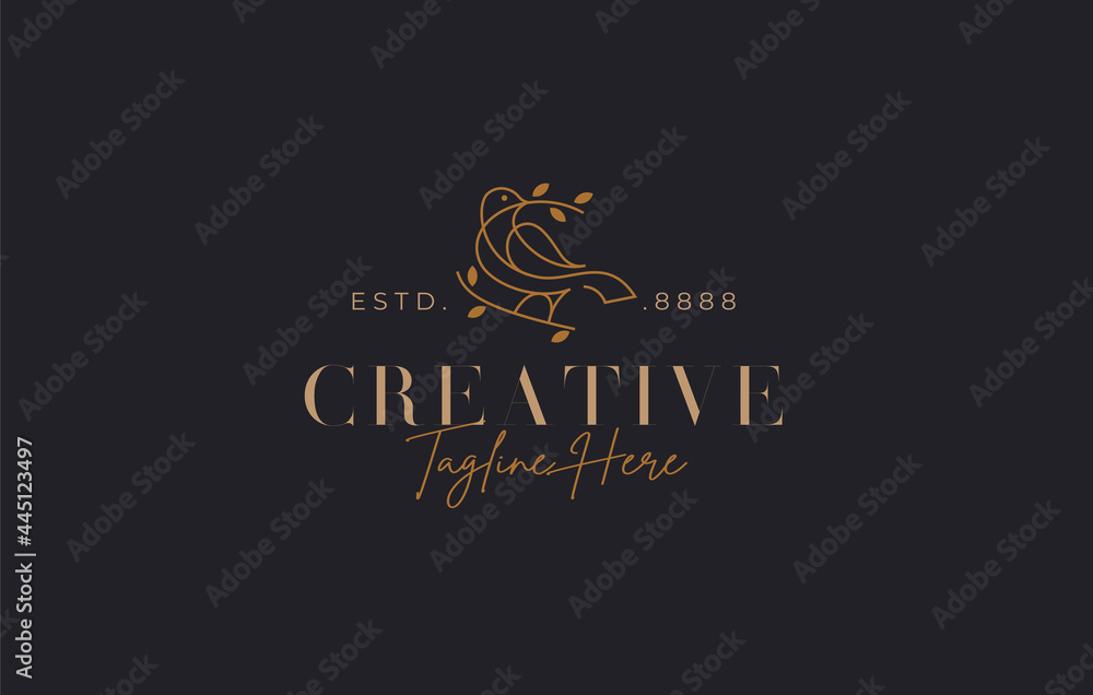 Bird on branch Logo Design Template. Bird with branch wood tree and leaf Icon Line Art Vector