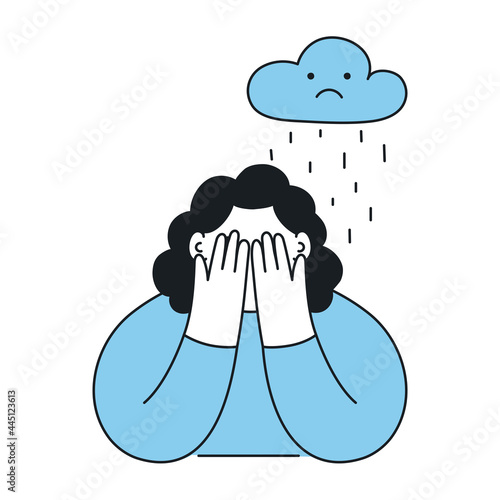 Crying girl and raining cloud. Sad mood, sadness, longing concept. Thin line isolated elegant vector illustration.