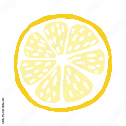 Round lemon slice. Yellow summer citrus cut. Hand drawn cartoon tropical juicy sliced fruit. Stock vector flat illustration isolated on white background.