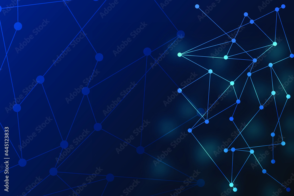 Network and technology background with hexagon particle concept. Abstract data structure and communication on dark blue template with line and dot connection. Blank space for presentation.