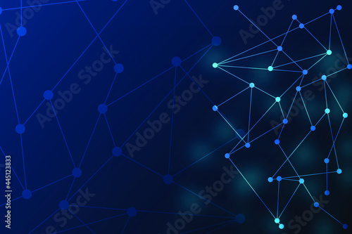 Network and technology background with hexagon particle concept. Abstract data structure and communication on dark blue template with line and dot connection. Blank space for presentation.