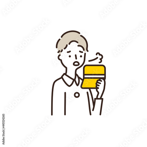Illustration of a man who is sad after checking the amount stated in the passbook. 