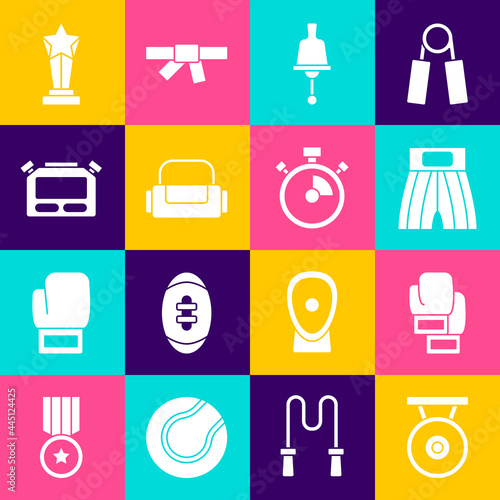 Set Gong, Boxing glove, short, Ringing bell, Sport bag, Stopwatch, Award cup and icon. Vector