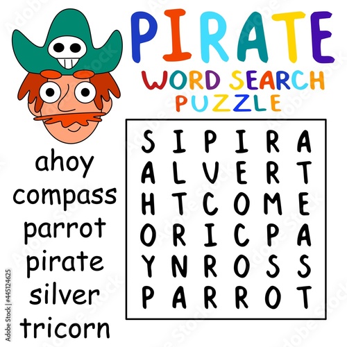 Simple educational pirate word search puzzle for boys vector illustration. Help cartoon pirate to find all hidden words into the puzzle