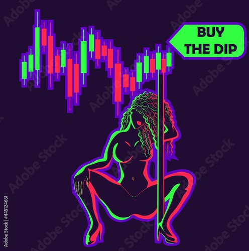 Silhouette illustration of a woman stripper dancing on a pole. Neon female under UV lights bending down. Stock marketing concept with candlesticks and charts for cryptocurrency trading.