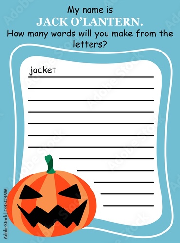 Words within a word - educational game for Halloween colorful vertical vector illustration. Create as many words by given letters as you can
