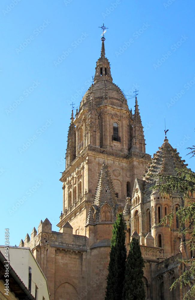 Low angle view of the tower beel of the Cathedral of Salamanca, in Spain. Low angle view of the tower beel of the Cathedral of Salamanca, in Spain.