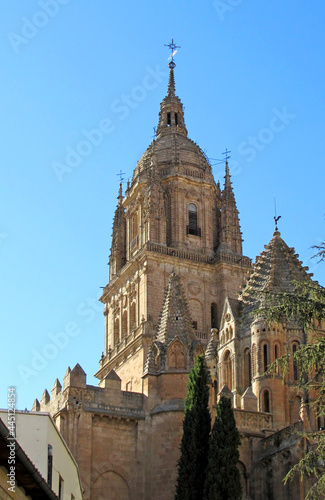 Low angle view of the tower beel of the Cathedral of Salamanca, in Spain.