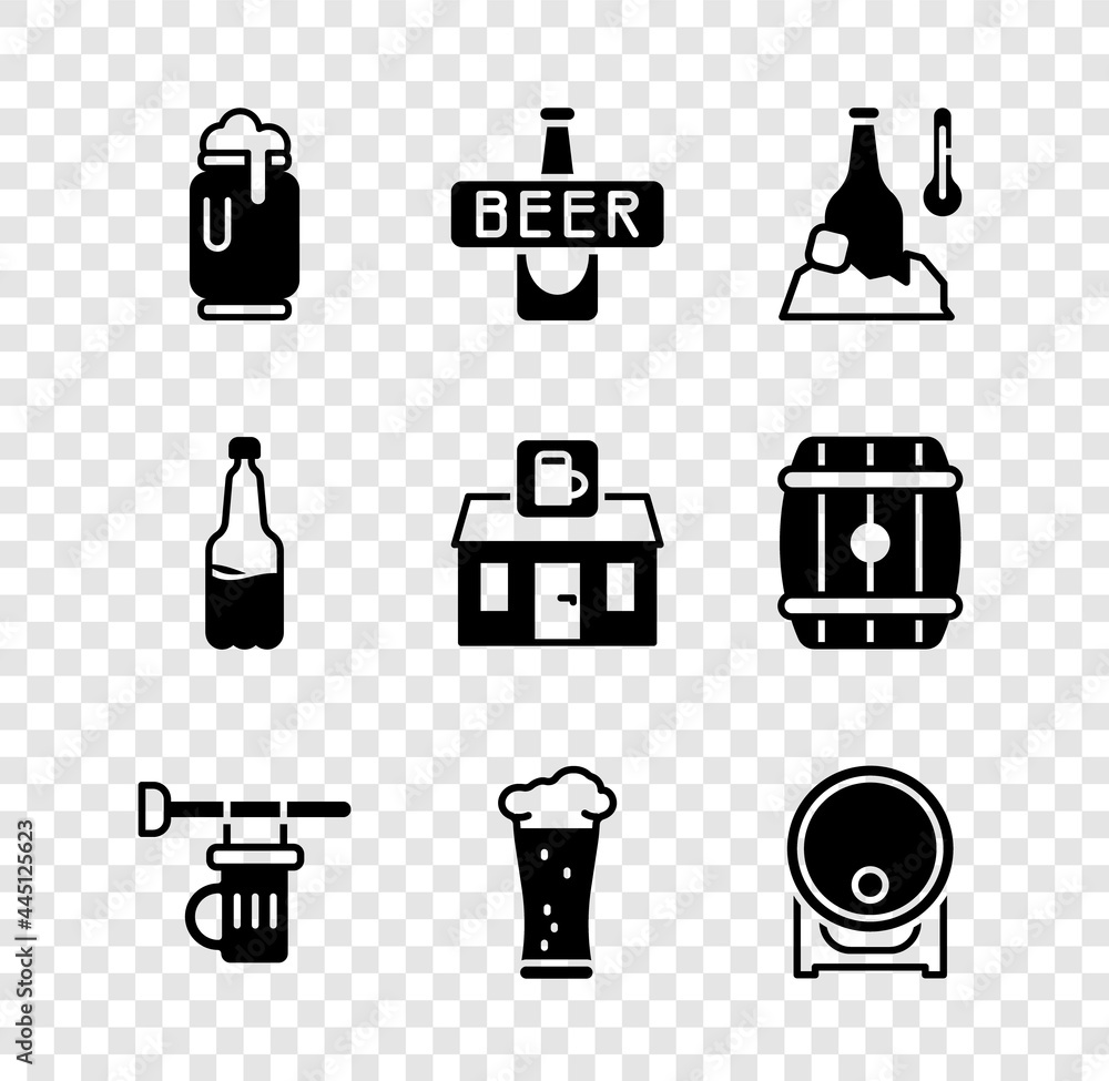 Set Beer can with foam, bottle, Cold beer, Signboard glass of, Glass ...
