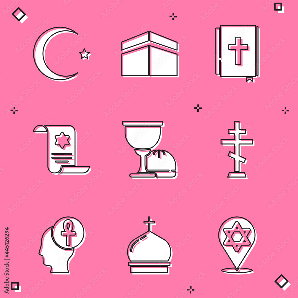 Set Star and crescent, Kaaba mosque, Holy bible book, Torah scroll, grail chalice, Christian cross, Cross ankh and Church tower icon. Vector Set Star and crescent, Kaaba mosque, Holy bible book, Torah scroll, grail chalice, Christian cross, Cross ankh and Church tower icon. Vector